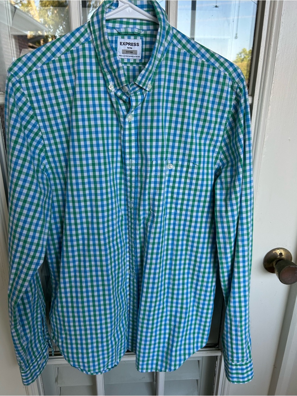 Express Men’s Blue & Green Check Button-Down Shirt